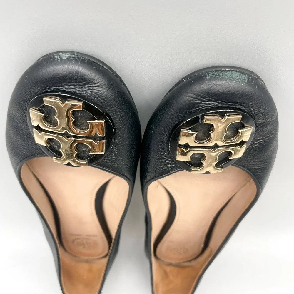 Tory Burch Womens 7 Claire Ballet Flats Black Leather Gold Logo Preppy Office